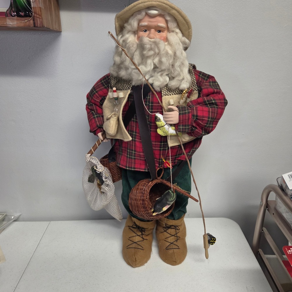 24 Inch Santa Fly Fisher Christmas Figurine Red Plaid Green Corduroy